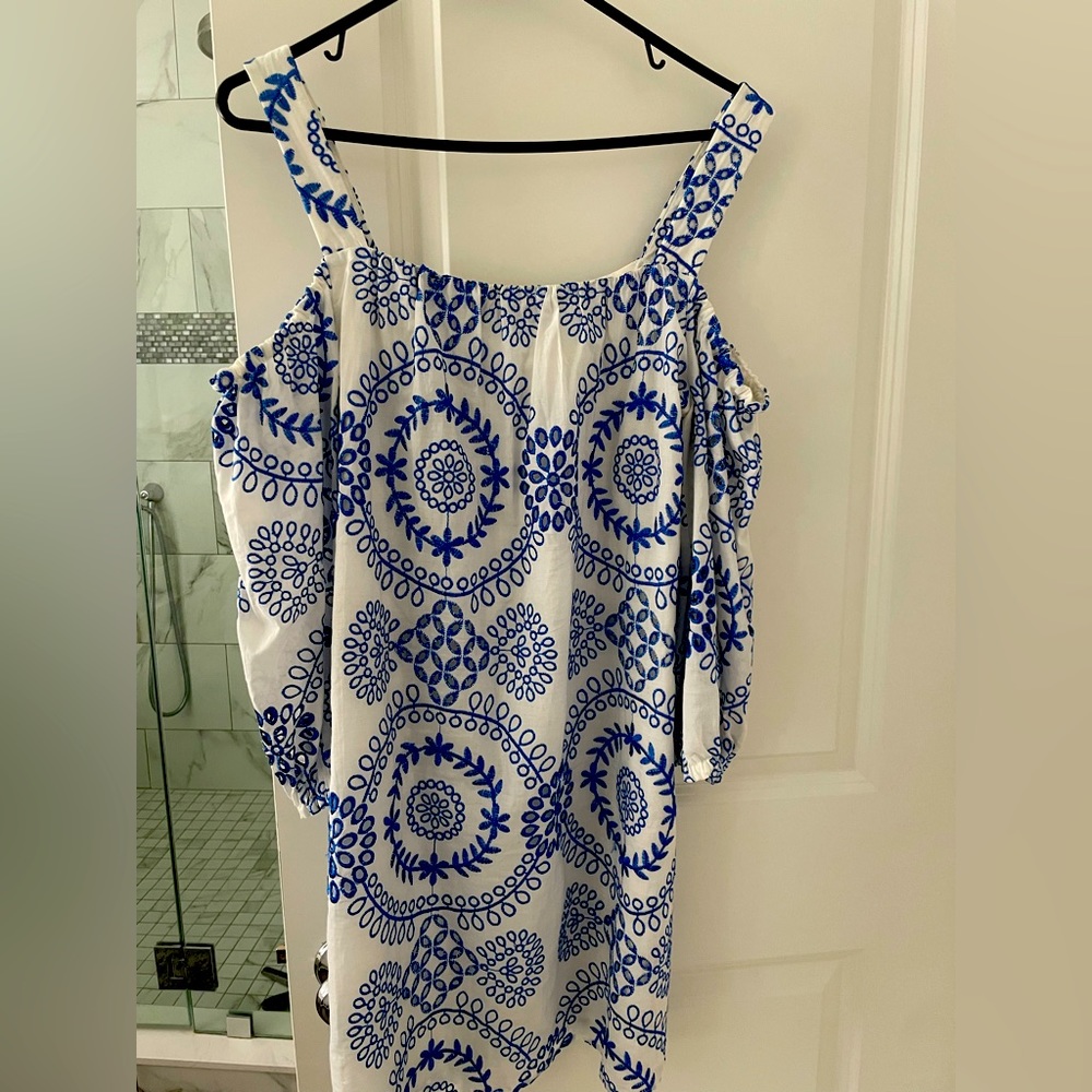 Trina Turk blue and white embroidered cold shoulder dress.  Worn once.